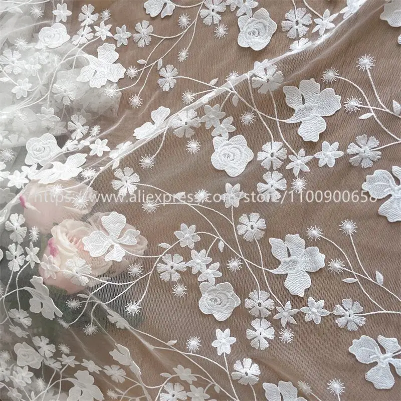 Exquisite Lace Flower Fabric, Wedding Dress, Net Yarn, Embroidery, 3D, Off-White, RS4019