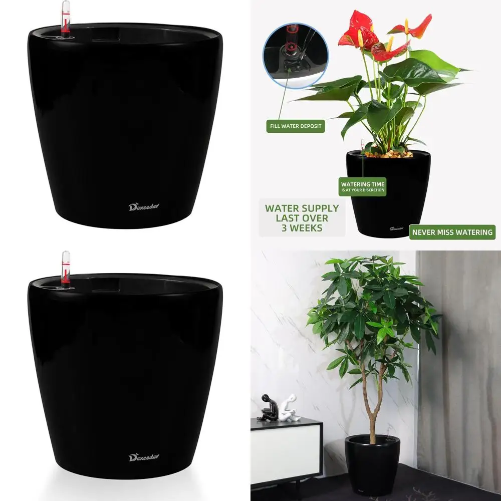 

Напольная утолщенная кашпо-подставка 18x17 на колесах, для дома и улицы, с внутренним горшком, индикатором уровня воды, черный матовый