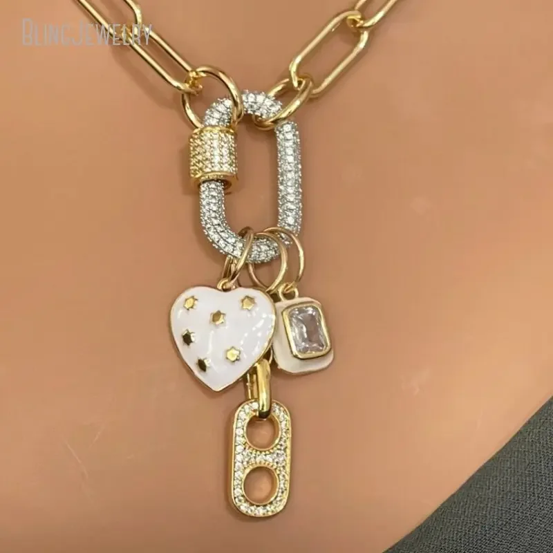 10pcs Paperclip Chain Multiple Charm Necklace Cubic Zirconia Pendant Carabiner Screw Clasp Layering Women Choker Custom Jewelry