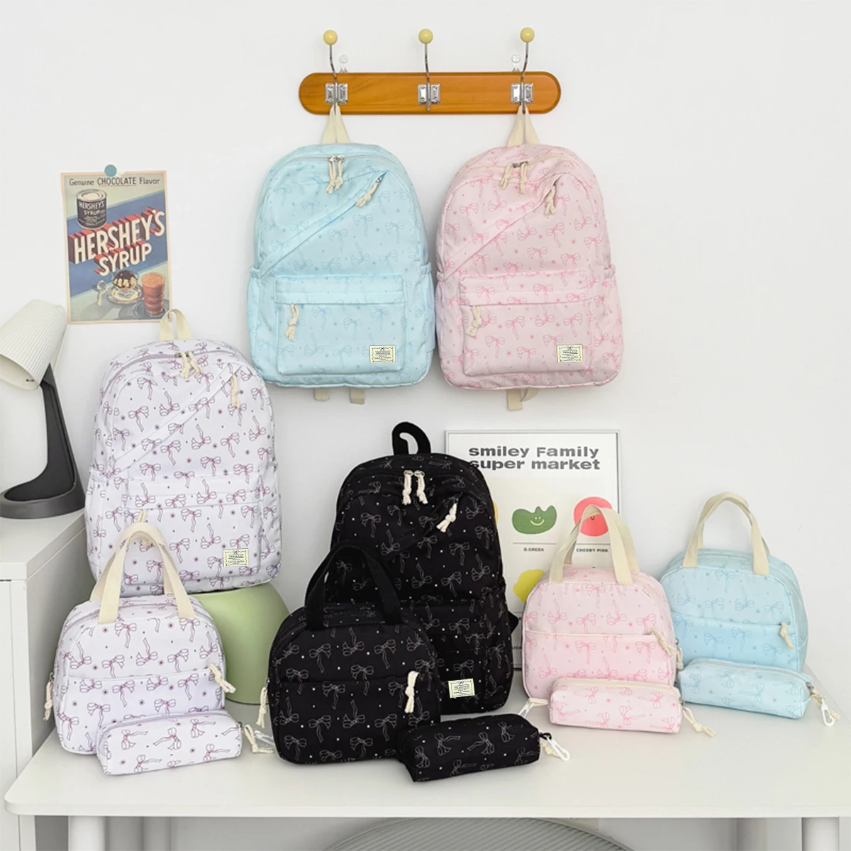 Sweet Girl Style Bow Print Three Piece Backpack Set Nylon Lightweight Large Capacity Backpack Campus Commuting Student Backpack