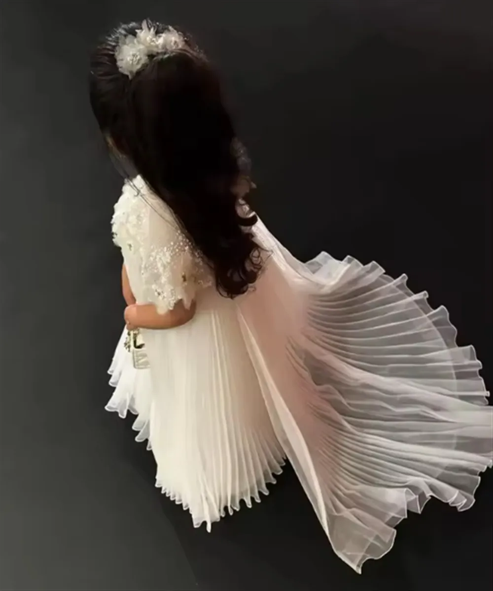 Gaun Gadis Bunga Elegan untuk Pernikahan Applique Bunga Panjang Selantai Gaun Komuni Pertama Pesta Ulang Tahun Putri Disesuaikan