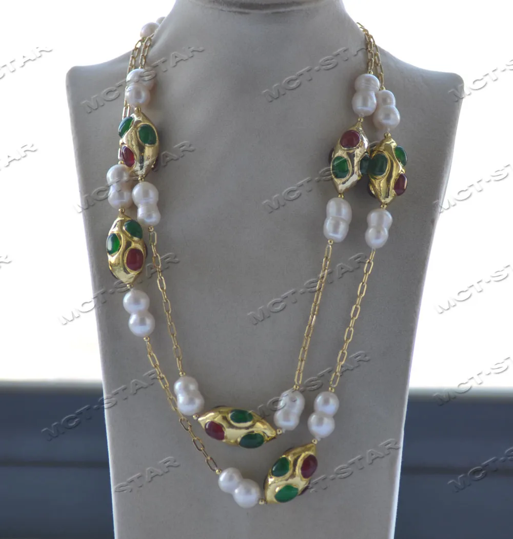 

MCT·STAR Z12466 45'' 30mm Red Green Jade Yellow Gold-plated Shuttle White Double Pearl Necklace