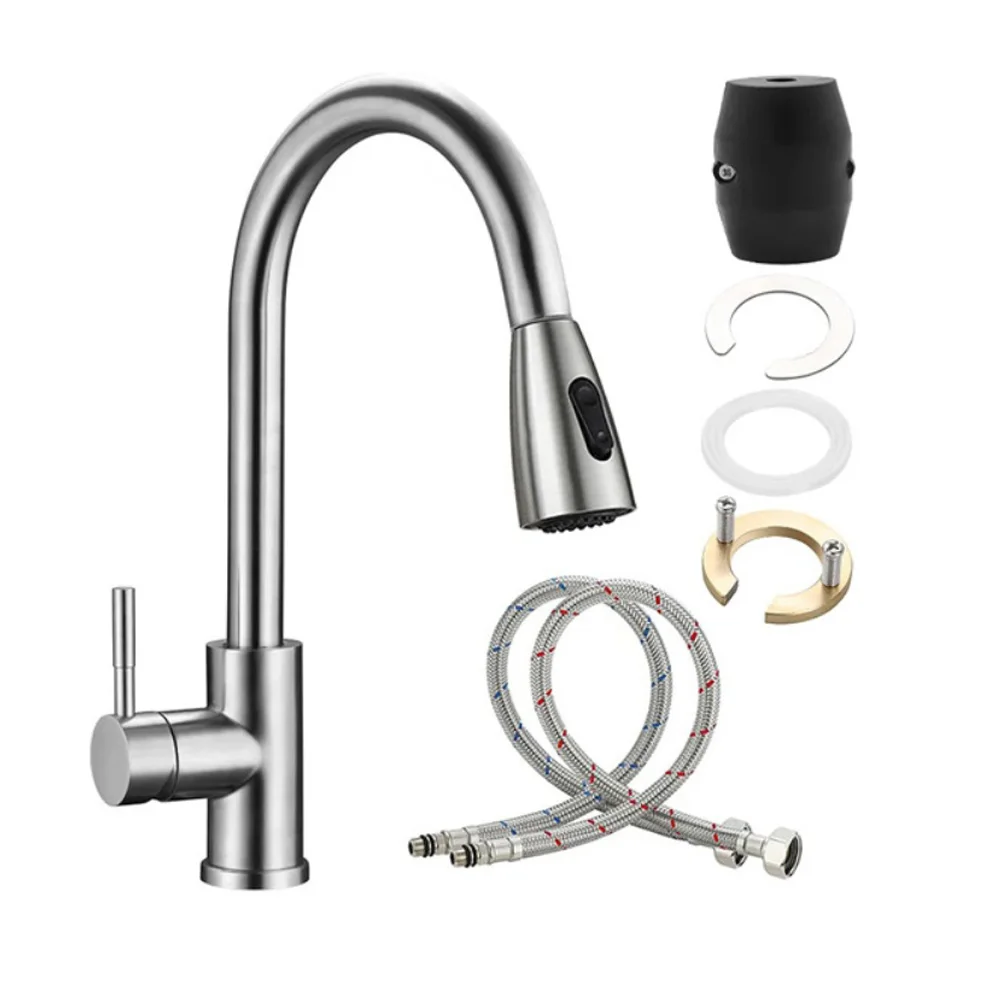 

Space Efficient Pull Down Stainless Steel Faucet for Kitchen Sink Hot Cold Telescopic Spout with 360 Rotation Feature