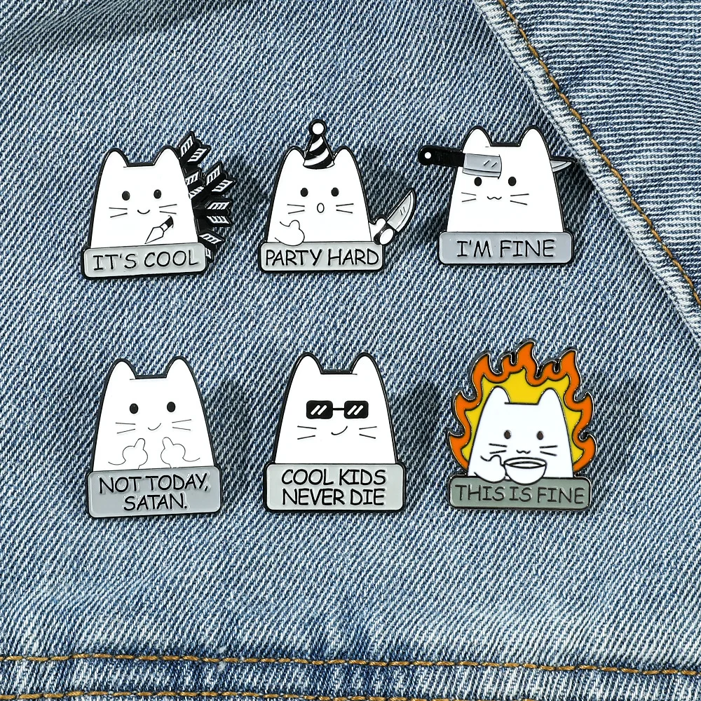 Knife Cats I'm Fine Cartoon Enamel Pins Not Today Satan Cute Brooches Kitten Animal Lapel Badges Clothes Backpack Jewelry Gifts