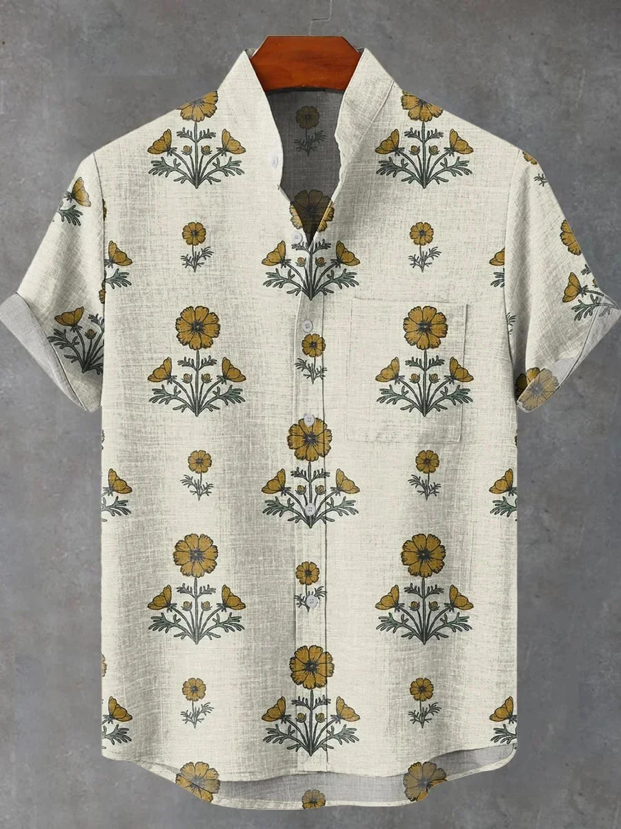 New Hawaiian Shirt Men's 3D Four-Leaf Clover Print High Quality Casual Linen Stand Collar Fashion Short Sleeve Shirt