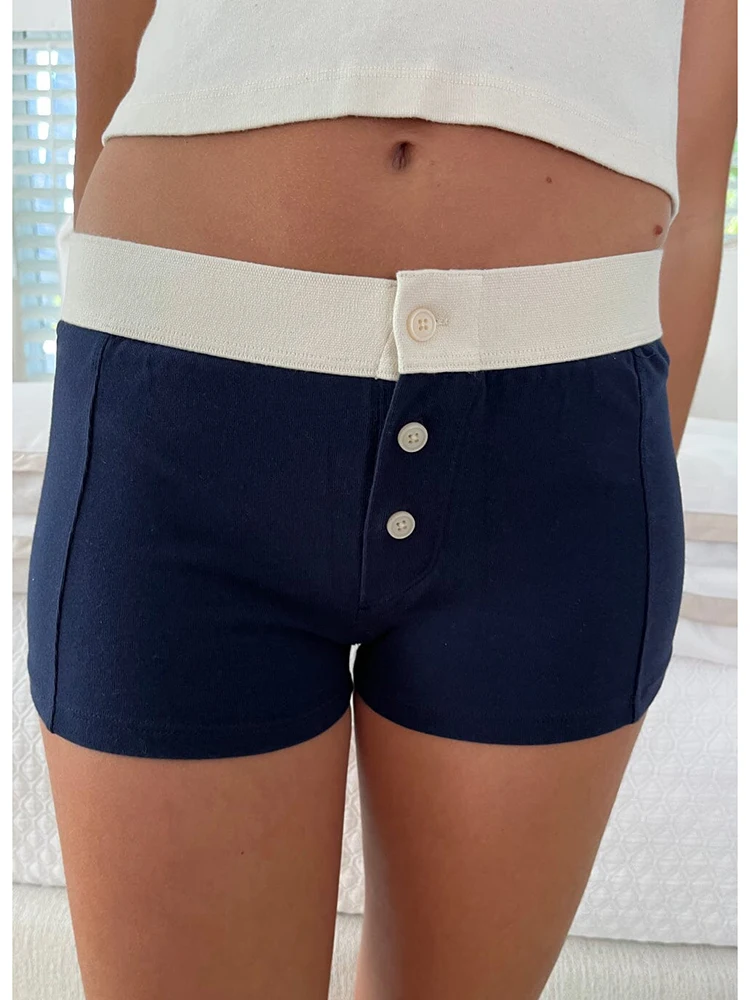 

American Three Buttons Slim Home Shorts Summer Stitching Patchwork Elastic Waist Yoga Short Pant Cotton Cute Straight Shorts New