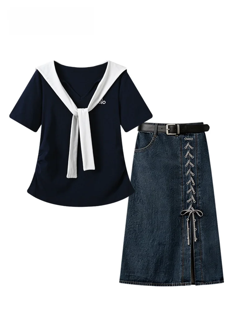 

Summer New Style College Wind Denim Set Skirt Women plus Size Short Sleeve High Waist A-Line Cotton Blend Casual Dresses