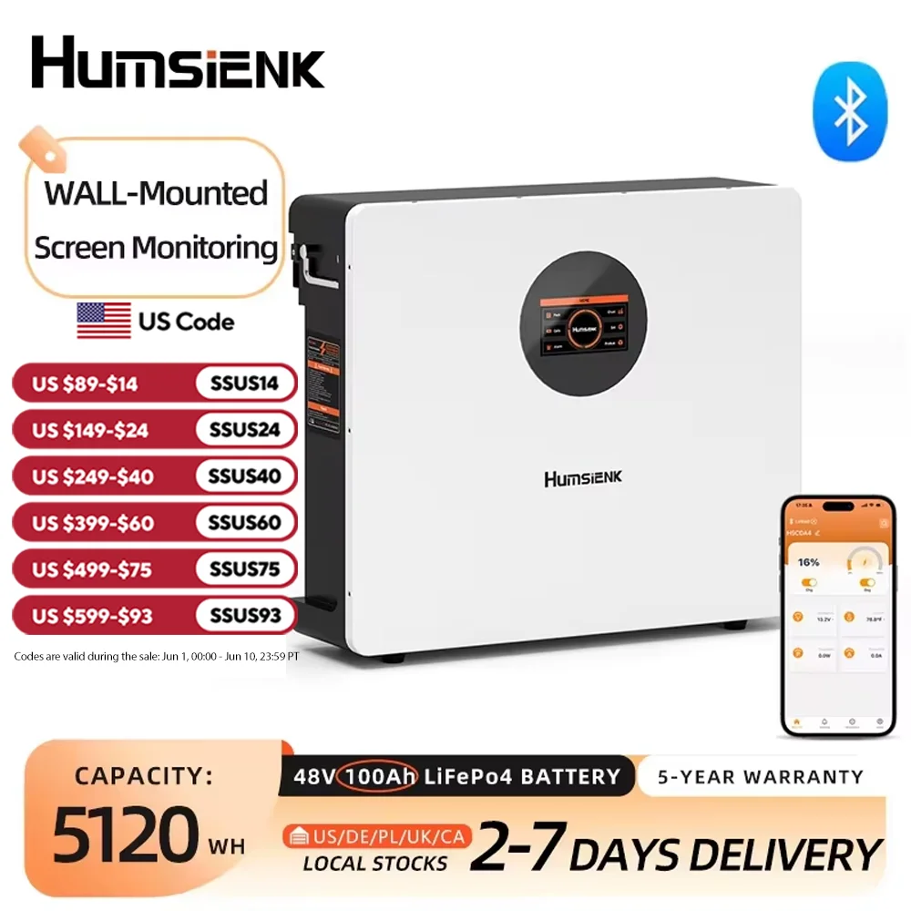 

Humsienk 48V 100Ah LiFePO4 Battery WALL-Mounted Bluetooth &Real-time Monitoring Display 100A BMS For Inverter, RV, Solar Energy