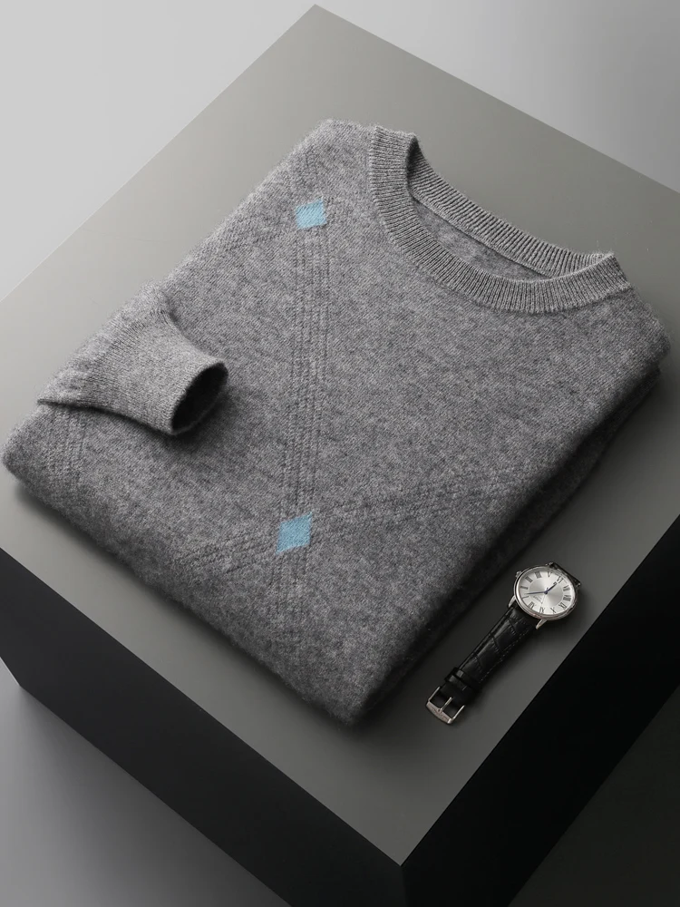 CHICUU Luxury Autumn Winter Men Cashmere Sweater O-neck Smart Casual Pullover 100% Cashmere Knitwear Soft Warm Rhombus Design