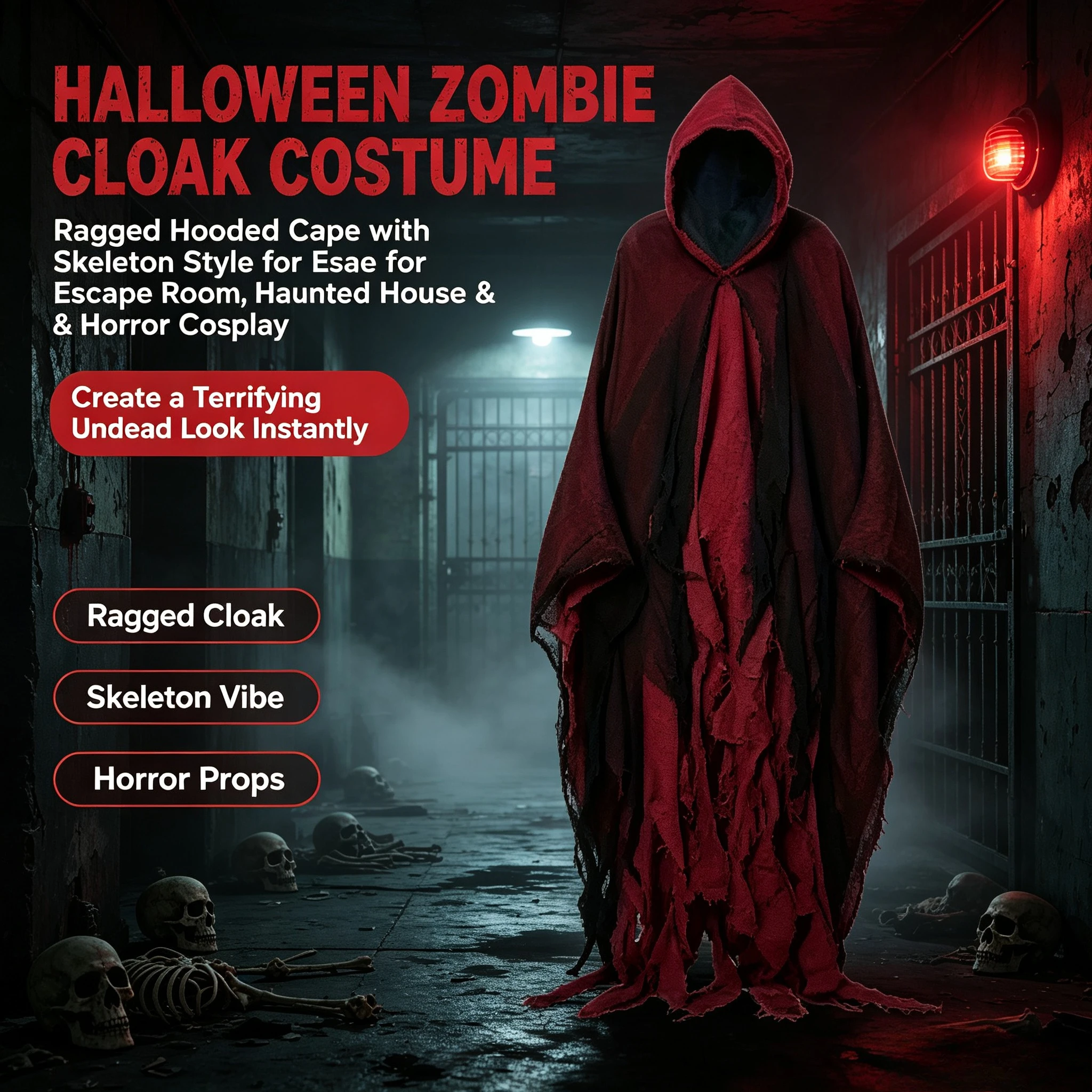 Mantello da Fantasia Horror di Halloween, Mantello con Cappuccio in Stile Zombie Zombie per Cosplay, Taglia Unica, Costume da Personaggio Anime Spaventoso per Feste e Spettacoli per Adulti