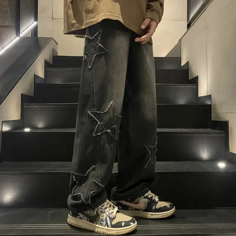 

Pop Star Embroidery Straight Jeans Men Fashion Y2K Pants Vintage Glitch Wide Loose Casual Korea Youth Denim Trousers Streetwear