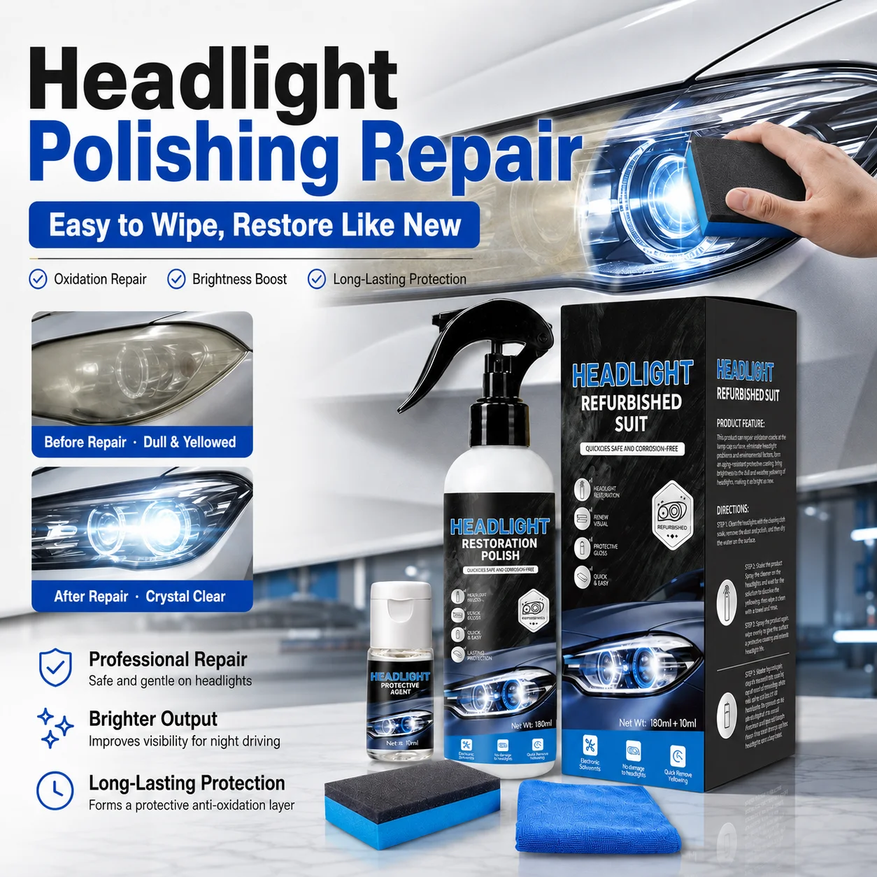 

180ml Car Headlight Restoration Polish, Oxidation Remover Yellow Headlamp Repair Refinishing Cleaning Fluid