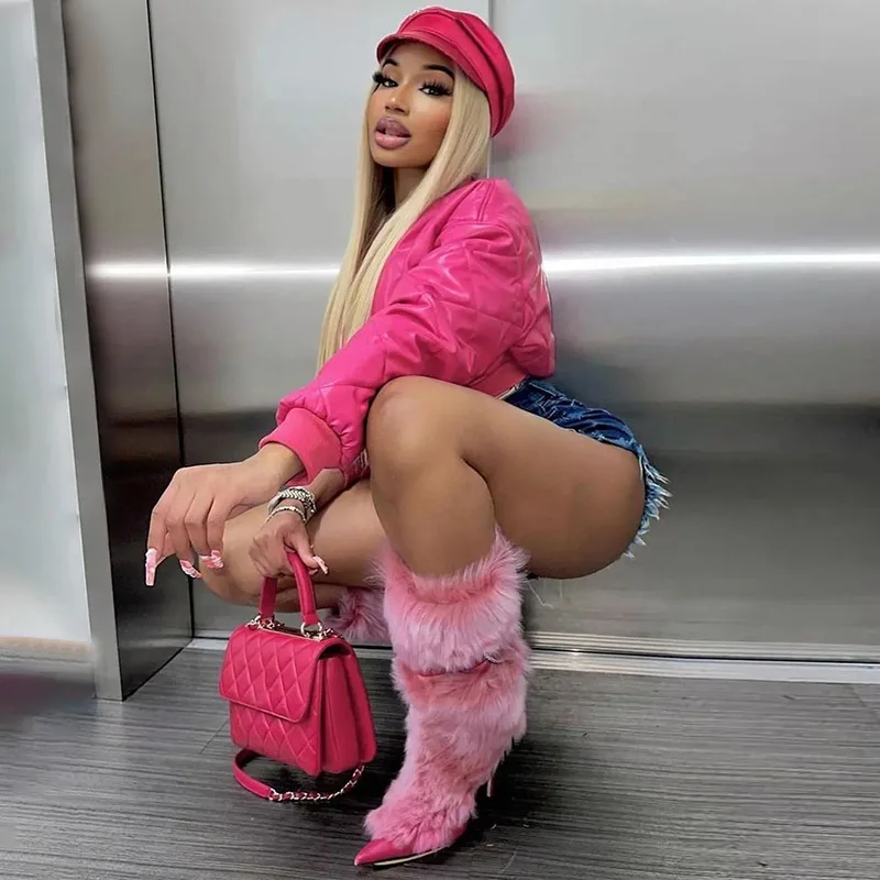 Chaqueta de plumas de cuero PU rosa brillante para mujer, abrigos de burbujas delgados de cintura alta, chaquetas de botonadura única, abrigos