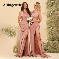 Allingentle One Shoulder Evening Dress 2024 Sleeveless Mermaid Party Prom Gowns Pleated Satin Side Slit Bridesmaid Dress Custom