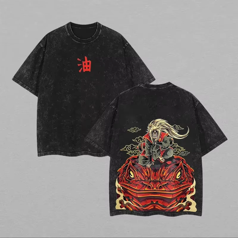 Jiraiya T Shirt Naruto Men Acid Wash Back Print Sannin Sage Mode Anime Graphic 100% Cotton Streetwear Toad Vintage Casual Tee