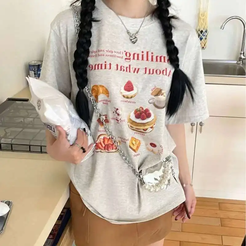 Summer Ice Cream Dessert Printed Women Tshirt Crew Collar Short Sleeve Casual T-shirt Delicious Food Pattern Daily Tee Shirts