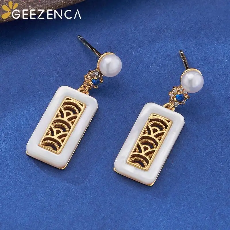 GEEZENCA Natural Pearls White Mother of Pearl 925 Silver Garden Window Dangle Earrings For Women Ethnic Chic Earring 2024 Gift