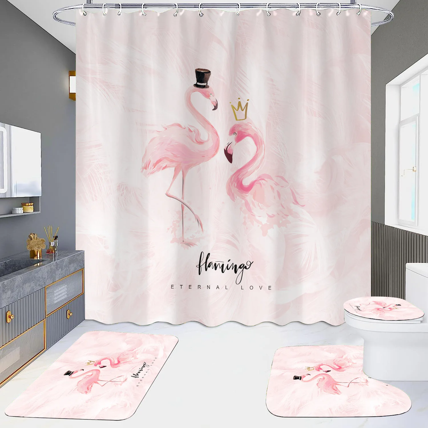 Pink Flamingo Printing Shower Curtain Set for Bathroom Non Slip lovebird Bath Mat and Curtain Set Bath Rug Toilet Carpet