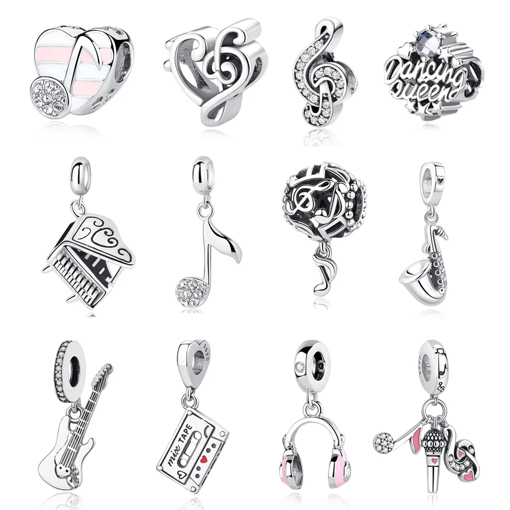 925 Sterling Silver Charms Beads Original Music Notes Piano Headphone Charm Fit Pan Brand Bracelet Necklace Jewelry For Women