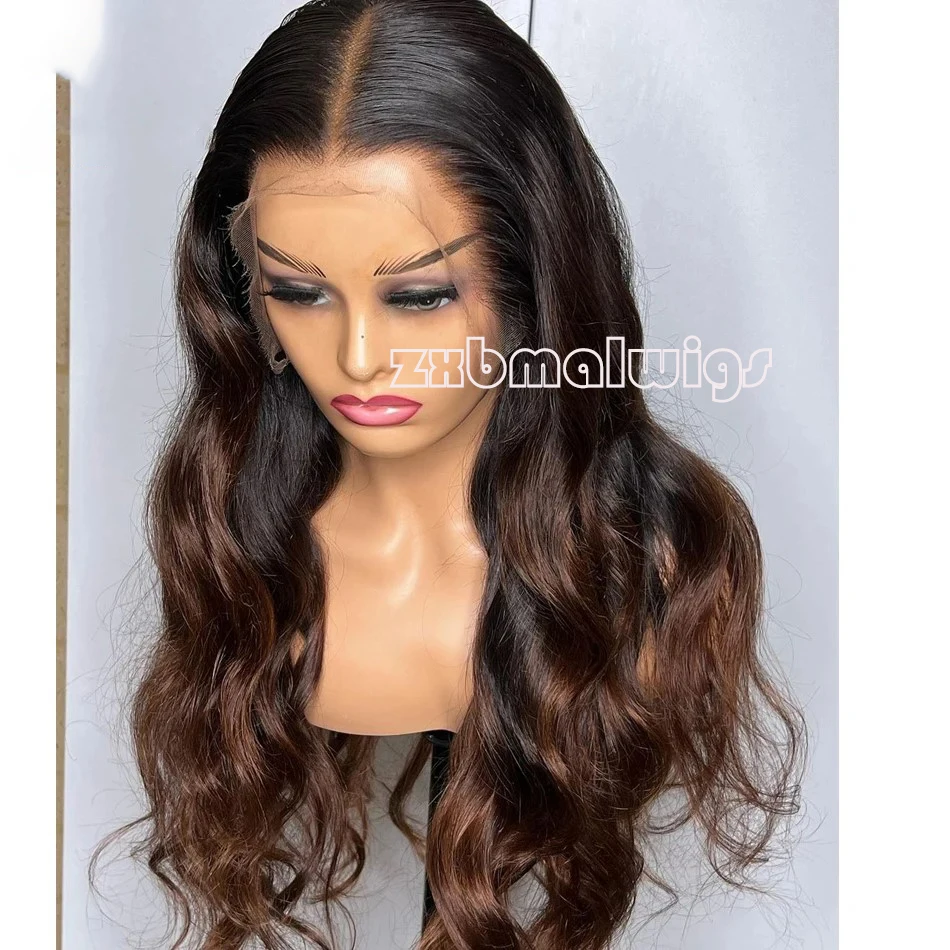 MXWIGS Synthetic Hair Ombre Brown Soft Body Wave 13X4 Lace Front Wig For Women Glueless Preplucked  Heat Resistant  Cosplay