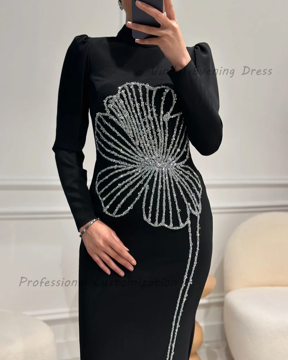 Vindal Floor length O-Neck luxurious Straight Beaded Crepe Fashion Breast Padding Elegant Long Sleeves السعود For Woman 2024