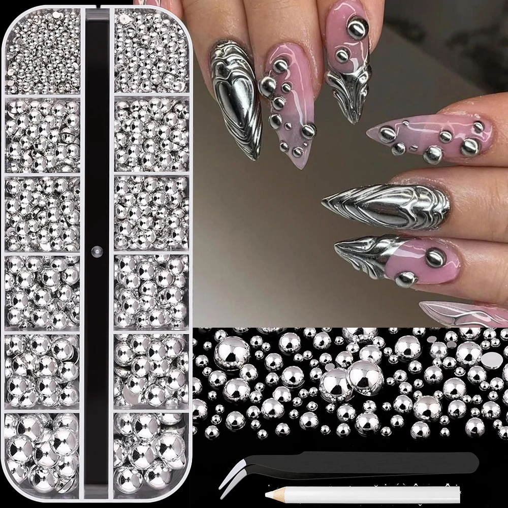 

12Grid Shiny Silver Half Round Metal Caviar Bead Nail Rivets Charms 2/3/4/5/6/8mm Flatback Pearl Balls Nail Art Studs Y2k Decora