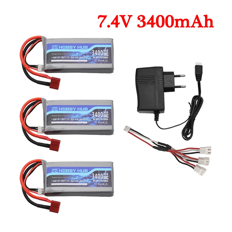 7.4V 3400mAh RC Lipo set di caricabatteria per Wltoys 12428 12423 RC Car feiyue 03 Q39 parts 2s 7.4V batteria per auto da corsa fuoristrada