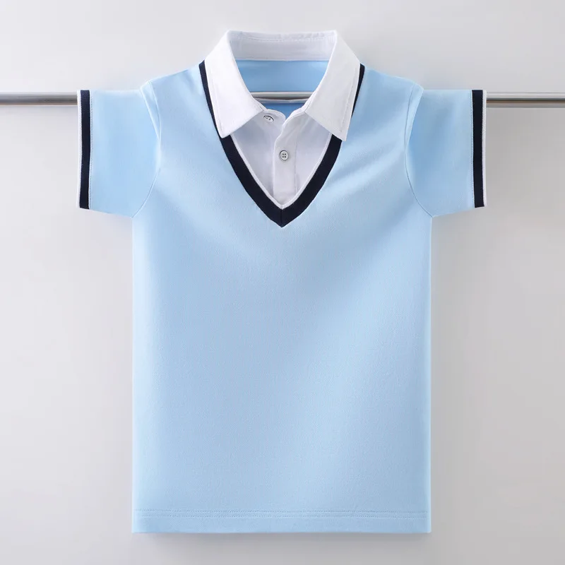 Boys School Uniform Cotton Polo Shirt Summer Chicken Heart Collar Design Kids Short Sleeve Cotton Tops For Children's Age 5-15 T