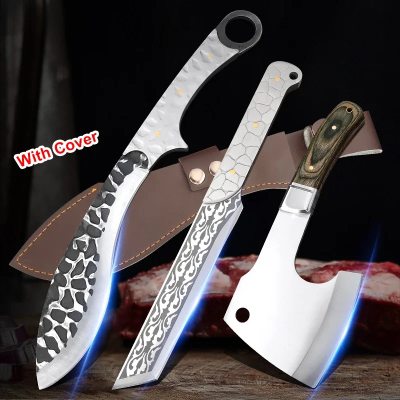 Full Tang Sharp Axe Outdoor Hunting Camping Bone Knife Forged Stainless Steel Butcher Chopping Meat Cleaver Kitchen Cutter