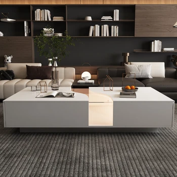 FUFU&GAGA 55.1'' Wide Modern Coffee Table With 2 Drawers & LED Lights, Coffee Table With Spacious Tabletop, For Living Room 1