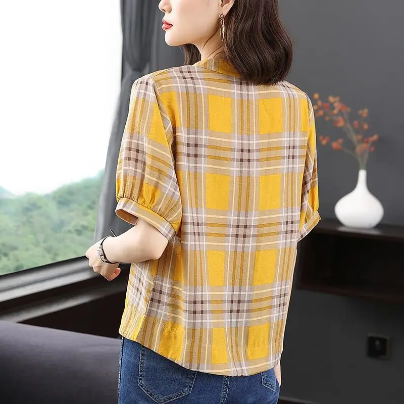 Women\'s Clothing Plaid Print Simple Casual Blouse Summer Fashion V Neck Short Sleeve Loose Shirt Cotton Comfortable Pullover Top