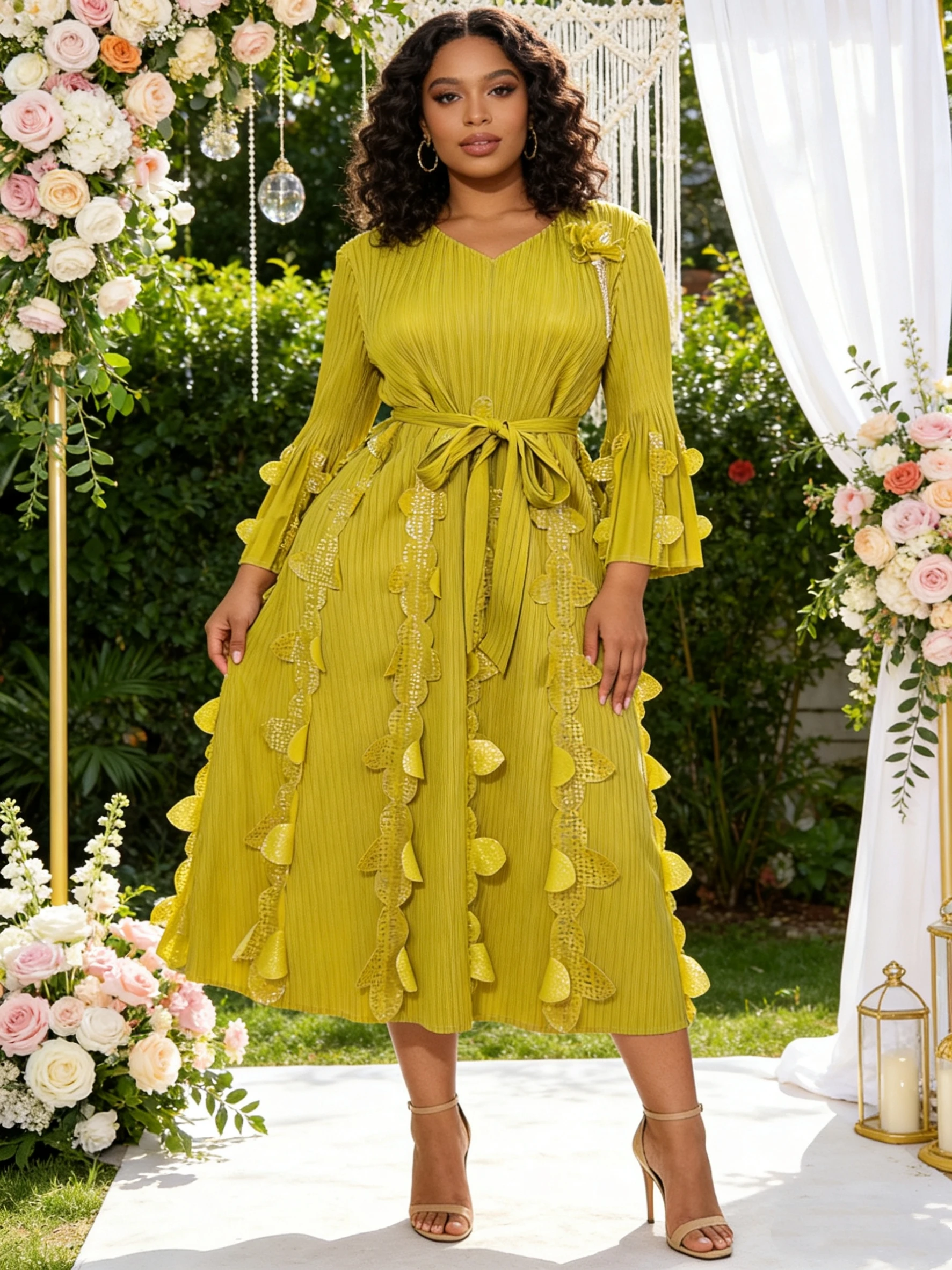 

Miyaki Plus-Size Dress, Mid-Length Skirt, V-Neck, Fashionable Casual Style, Gold-Stamped Floral Belt, Long Sleeves, Slim Fit, Everyday Casual Elegance, Cross-Border Bestseller