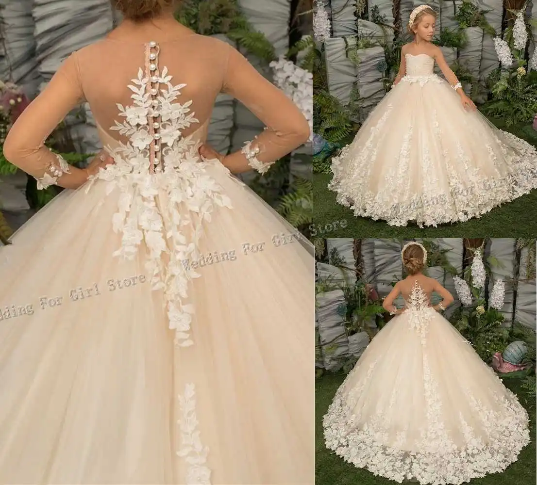 

Elegance Flower Girl Dress for Wedding Long Sleeve Beading Princess Ball Gown Birthday Party Baptism Dress Present Celebration