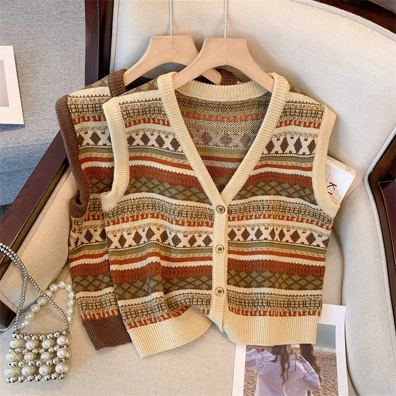 

Retro Ethnic Sle Color Blo Knitted V-Ne Vest Women's Travel Outfit oulder Splice Svel Top Street Faion Polyes...