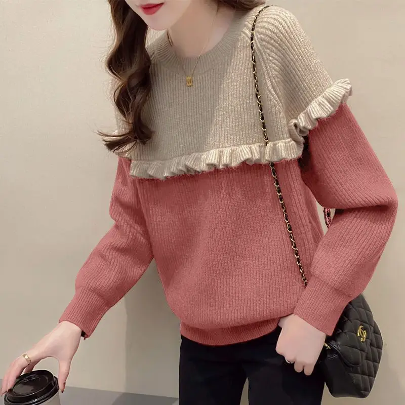 Women\'s Fashion Patchwork Ruffled Round Neck Pullover Sweater 2023 Autumn and Winter New Slim Long Sleeve All Match Knitted Tops