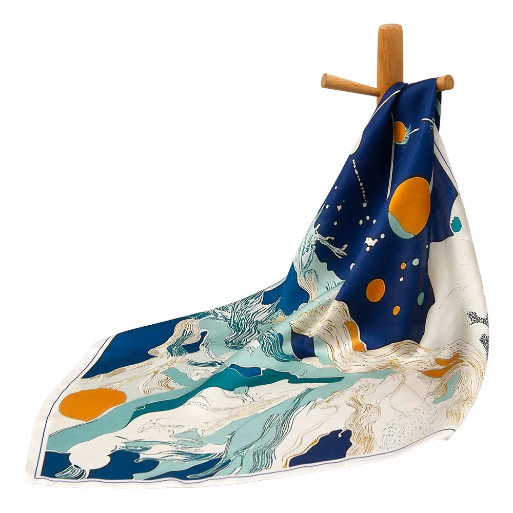 

53cm Pure Silk Square Scarf Women Abstract Cosmic Print Bandana Artistic Hair Wrap Elegant Neckerchief Fashion Lady Gift Shawl