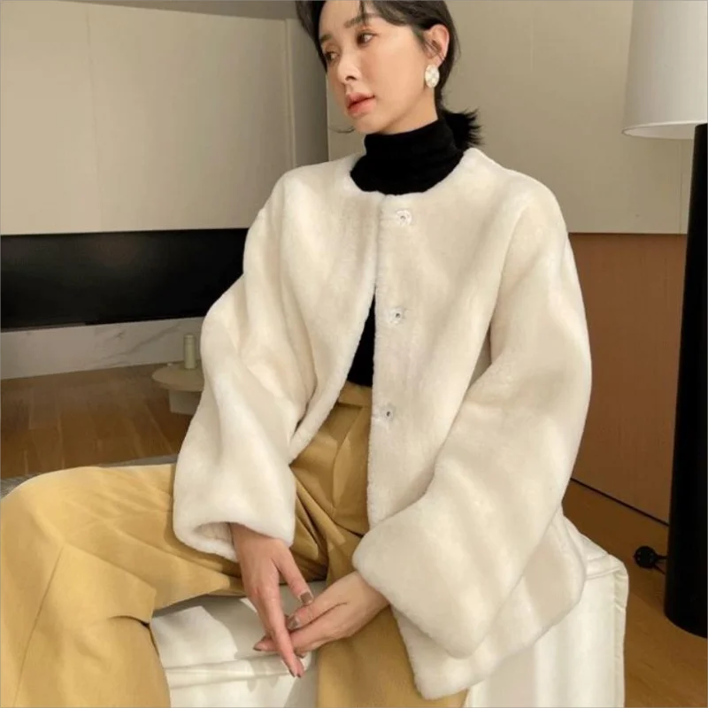 Abrigo de invierno para mujer, chaqueta de piel de visón sintética con cuello redondo, moda coreana