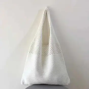 全新潮流女士包包鉤針編織手提包復古針織編織純色鏤空黑色卡其色手提購物袋 10 最佳銷售 手提袋 - №1