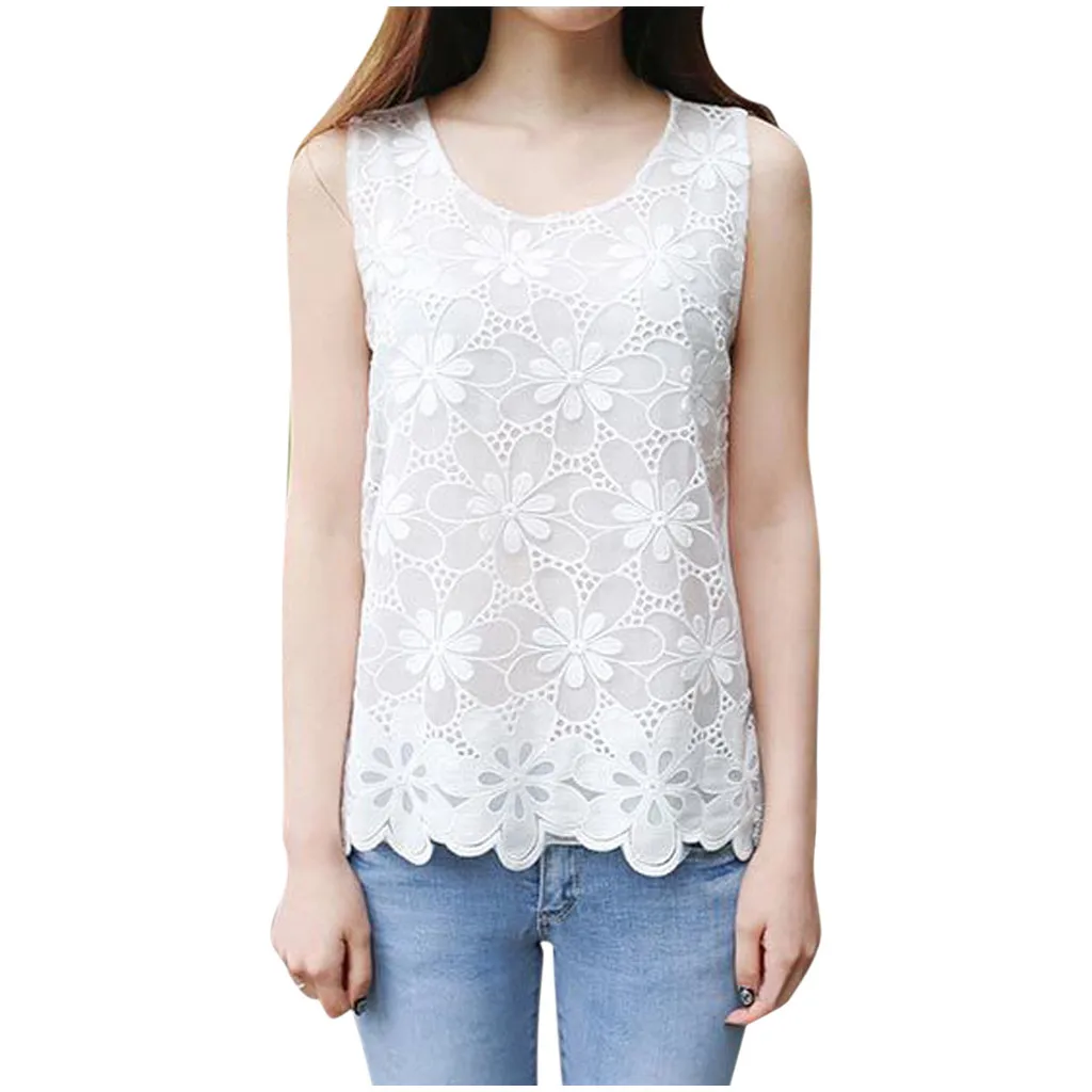 2024 Women\'s O-neck Sexy Lace Flower Embroidery Casual Tank Top Women\'s Fit Sleeveless Elastic Shirt High Quality Clothing