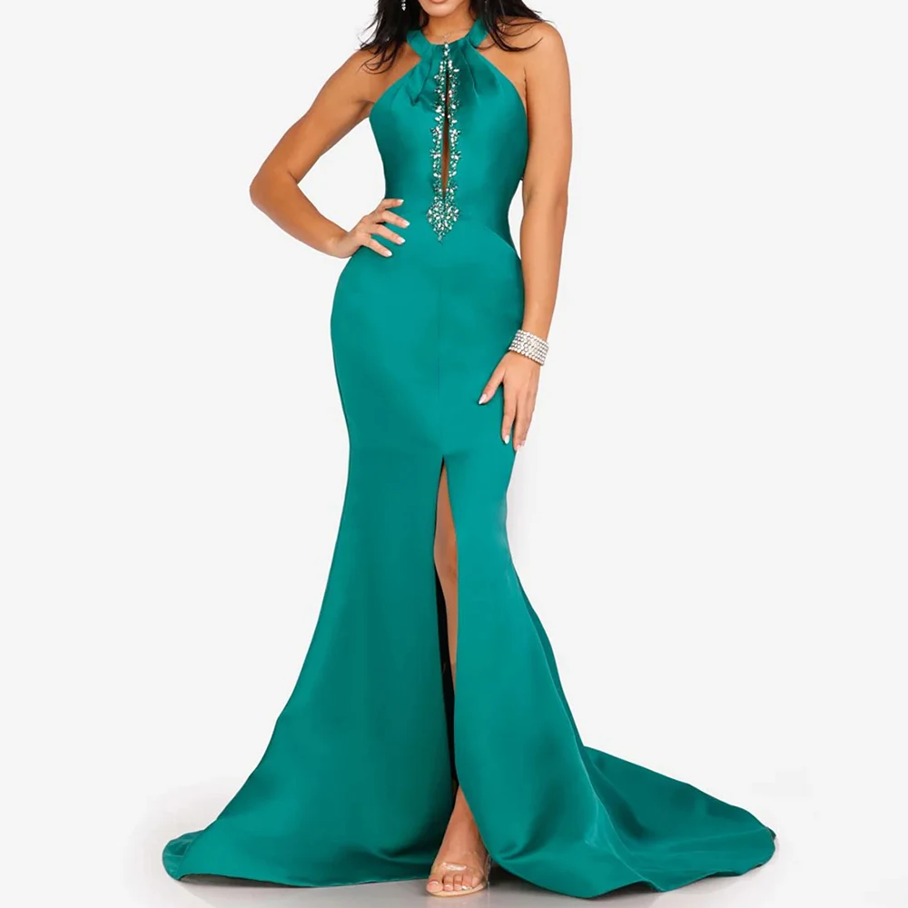 

Mermaid Women's Evening Dresses Floor-length O-neck Sleeveless Prom Gown Fashion Crystal Simple Draped Backless Customized Gowns