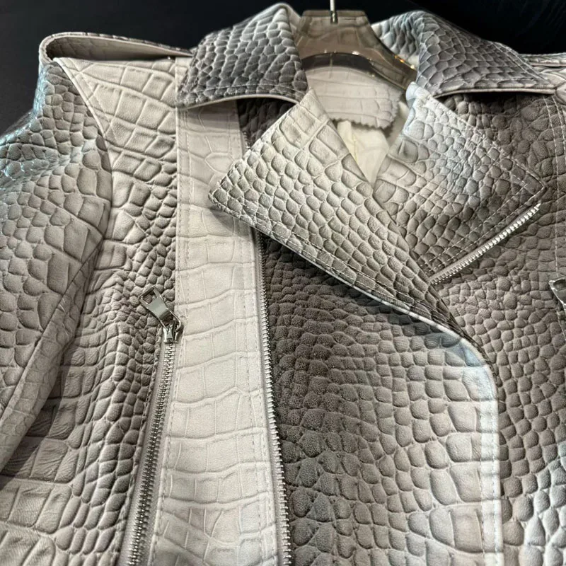 Women Coat Spring 2025 New Fashion Genuine Leather Jacket Imitation Crocodile Skin Texture Motorcycle Model