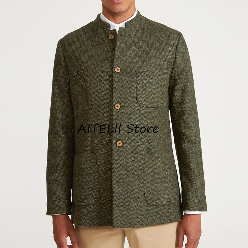 

Casual Suit Jackets Vintage Herringbone Jacket Multiple Pockets Stand-up Collar Single-breasted Costumes Blazers for Man Fashion