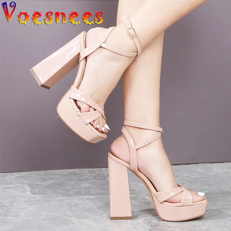 Women\'s High Heel Cross Belt Sandals Pink Platform Square Heels Wedding Shoes 2022 Woman Summer Shopping Everyday Shoe Sandalias