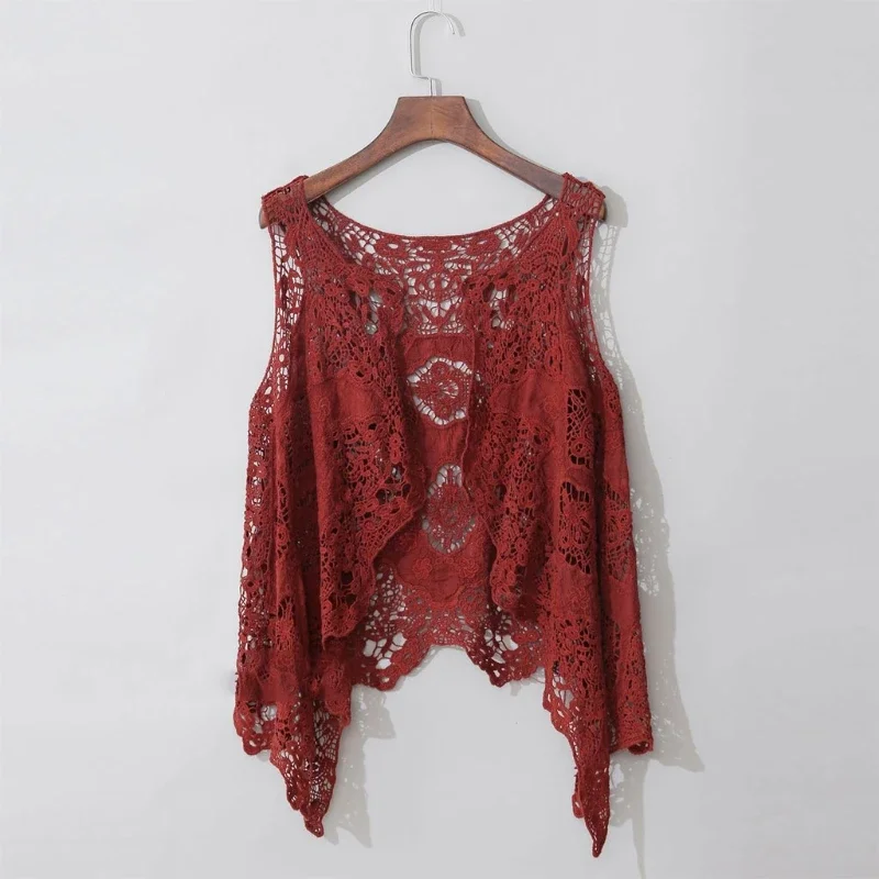 

Women Sleeveless Open Front Cardigan Boho Hollow Out Crochet Lace Drape Asymmetrical Hem Hippie Shawl Solid Color Vest