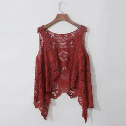 Women Sleeveless Open Front Cardigan Boho Hollow Out Crochet Lace Drape Asymmetrical Hem Hippie Shawl Solid Color Vest