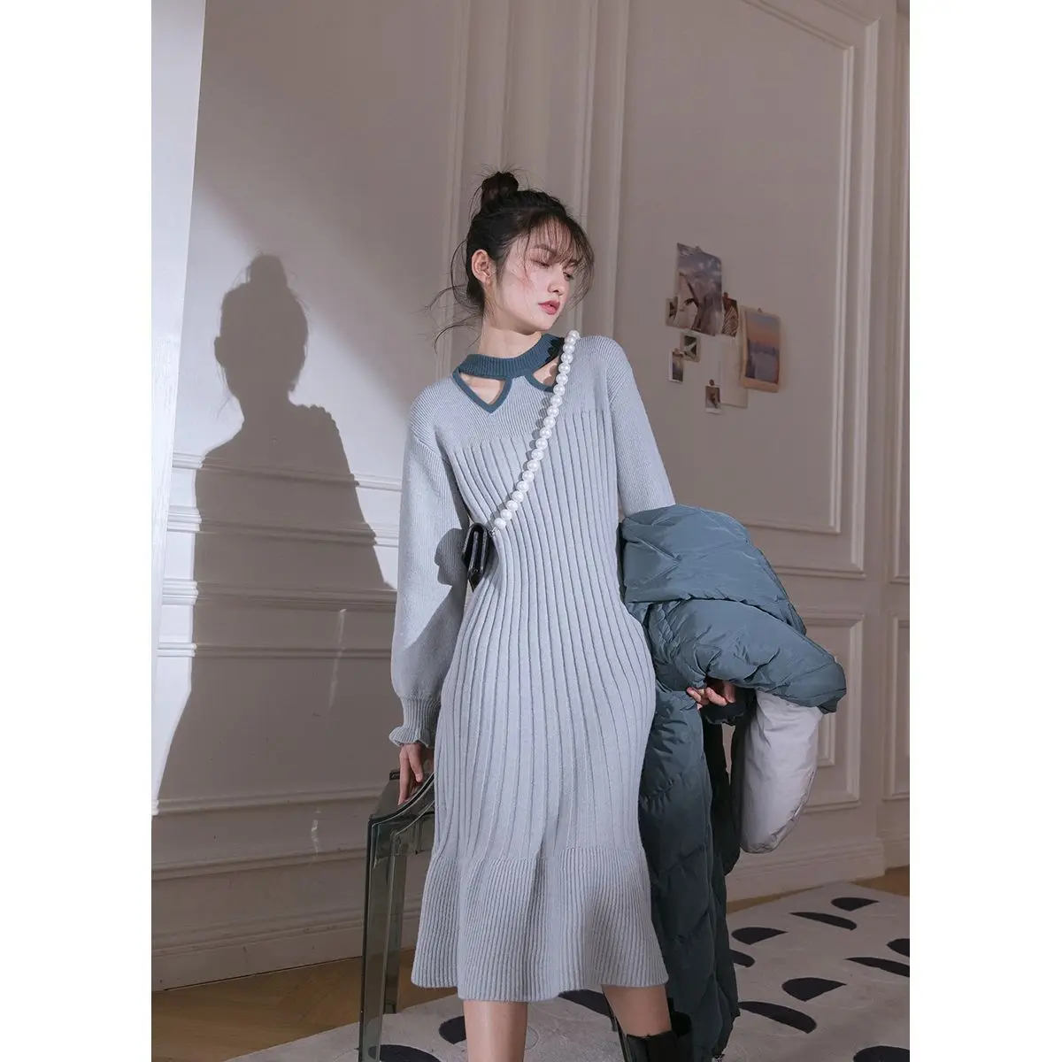 Women's Autumn and Winter Interior Outfit with High-end French Triangular Hollow Knitted Mid Length Dress