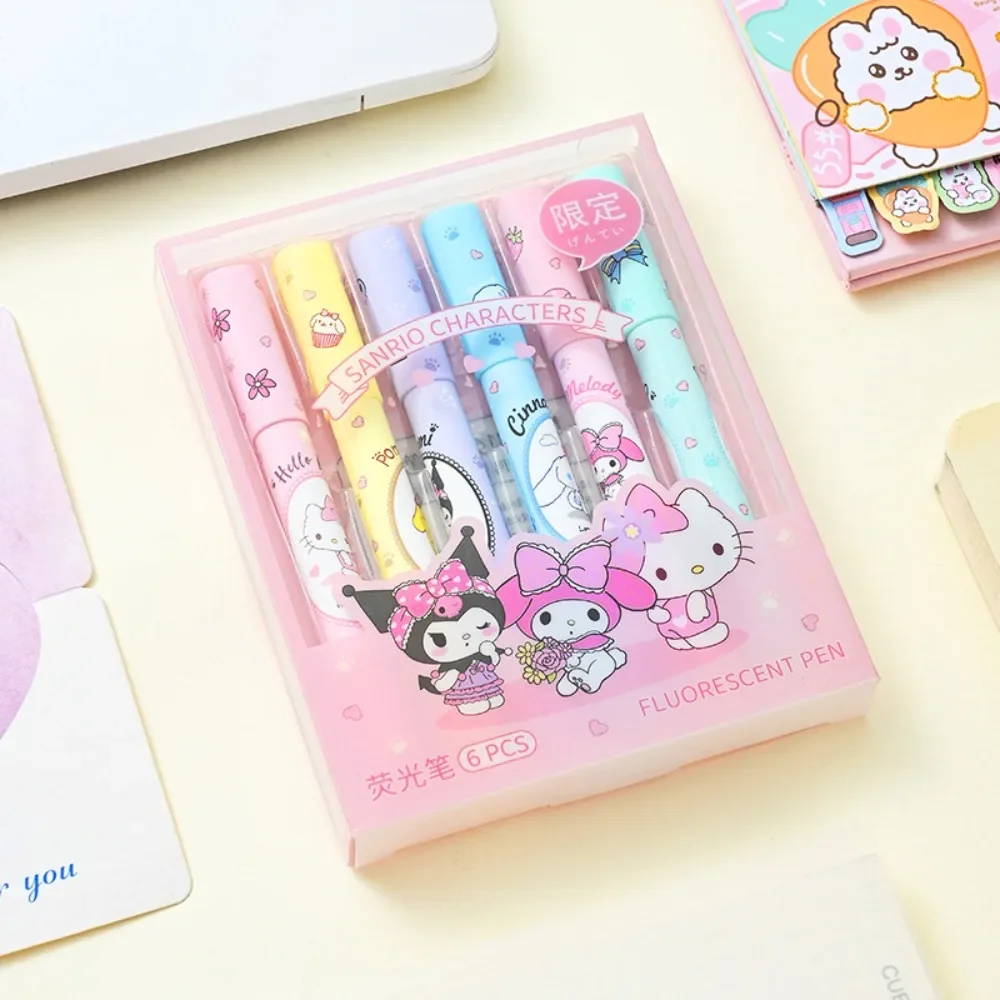 6pcs Kawaii Cute Anime Peripheral Kuromi Cartoon Highlighter Multicolor Diary Profile Marker Pen Pupil Stationery Festivals Gift