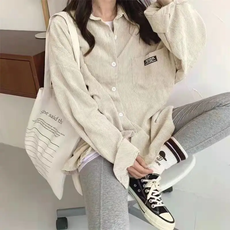 Corduroy Long Sve Women's irt Hong Kong Sle Faion Outerwear Casual Commute Sle Loose Fit Button Detail Polyester B...
