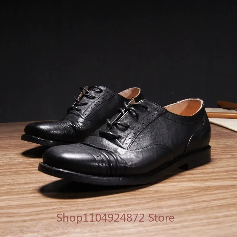 British Style Fashion Casual  Genuine Leather Men's Shoes Office Wear-resistant Round Toe Lace Up Business Oxford Shoes Male