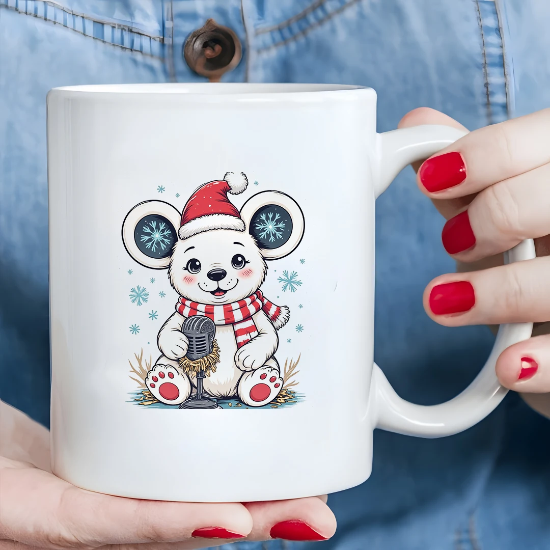 Tazza per microfono con orso di Natale dei cartoni animati, tazza per bambini da 11 once, regalo di Natale, set di tazze da caffè per ufficio familiare